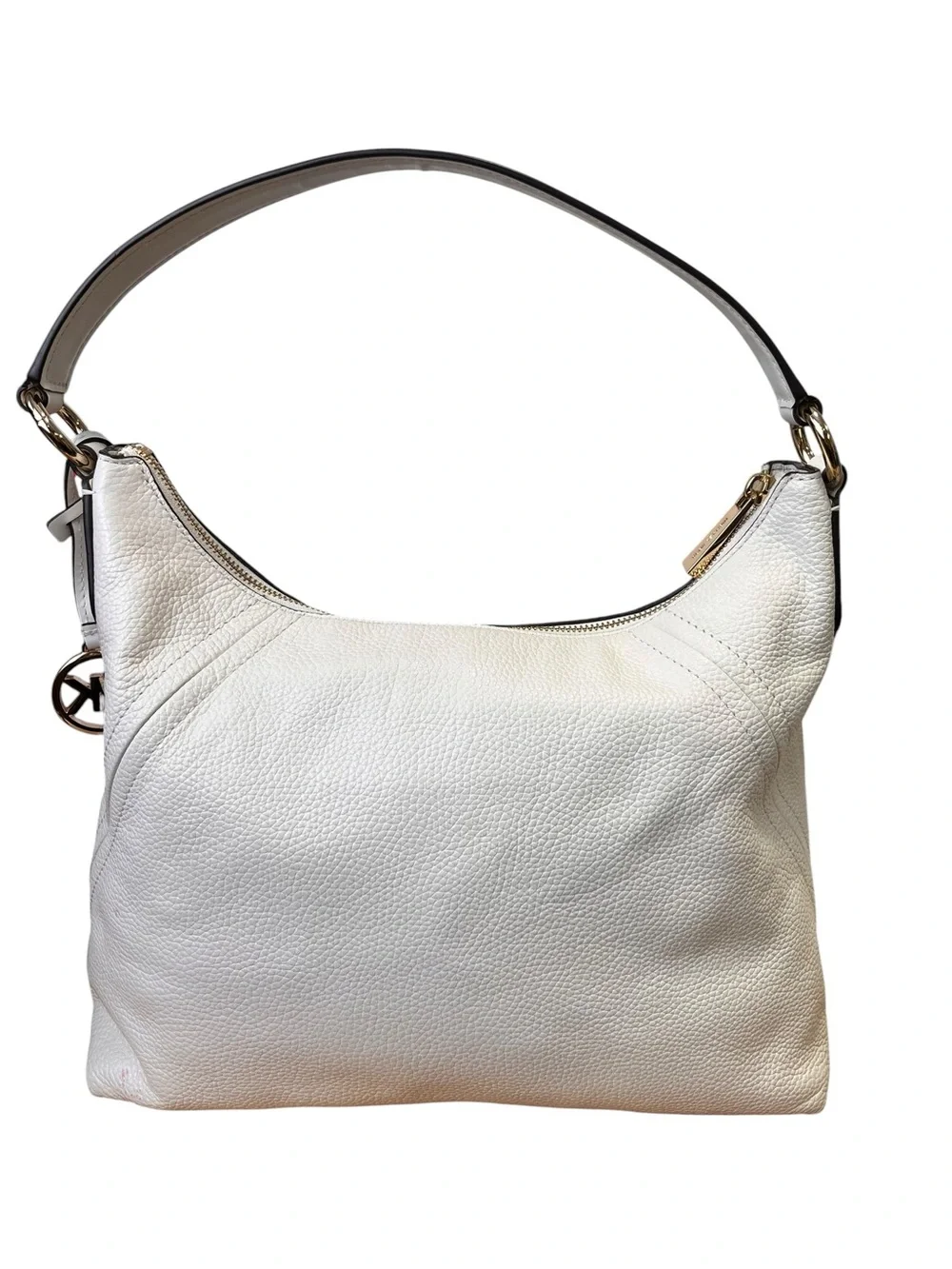 Michael Kors White Pebbled Leather Hobo Shoulder Bag Gold Logo Charm